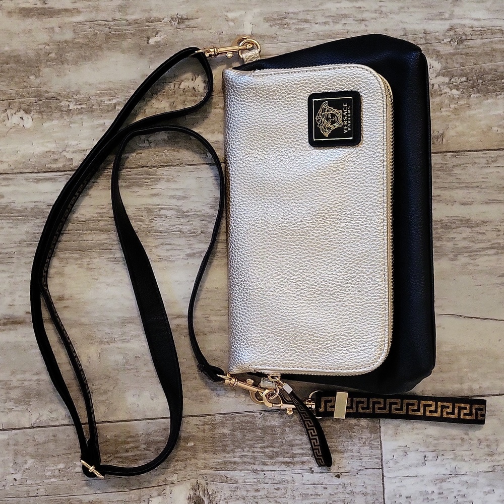 Versace Parfums black and metallic gold pebbled faux leather crossbody